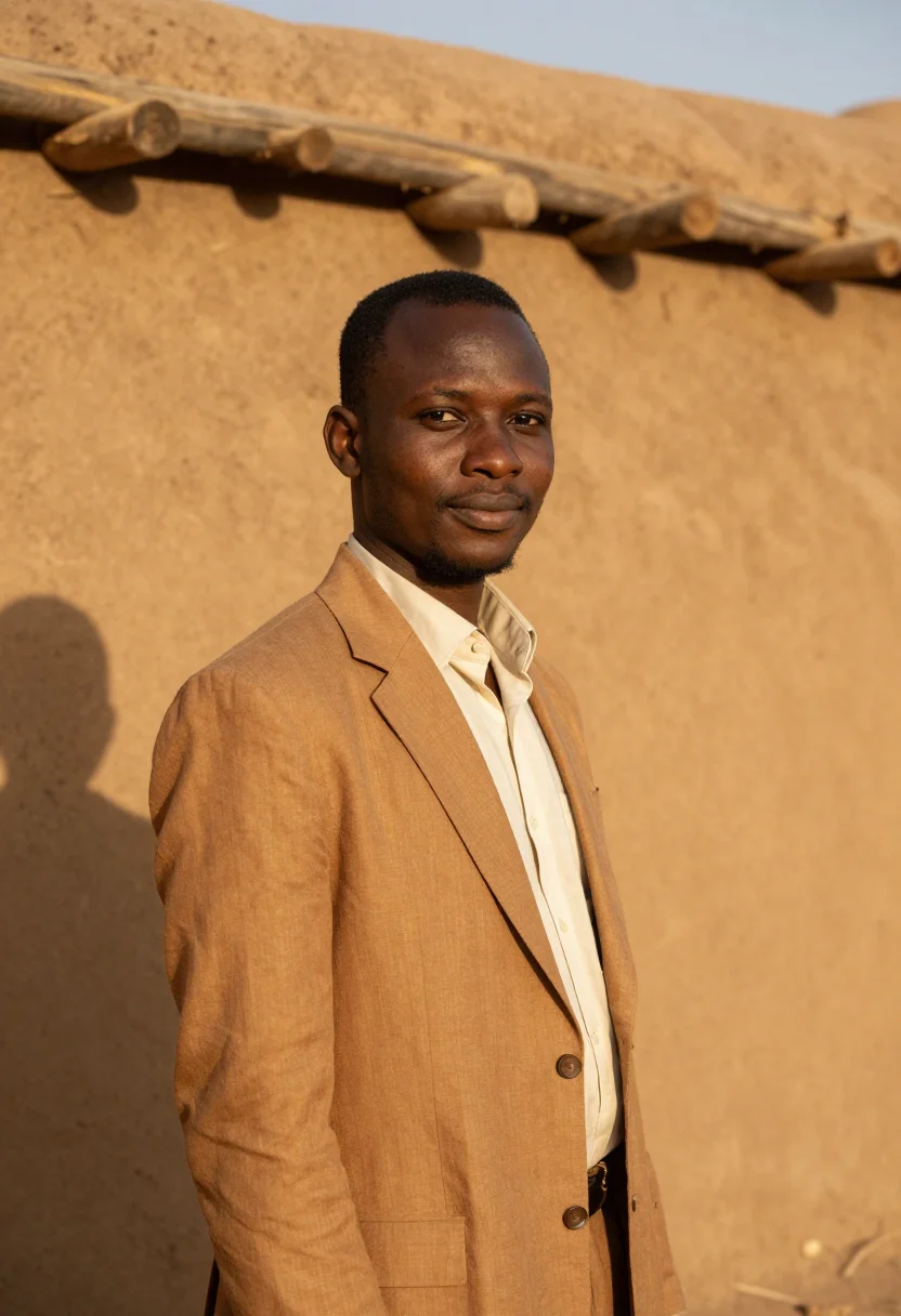 AI djenne architect great mud mosque ochre sample — portrait of a man, a Fulani architect in his mid-thirties wi