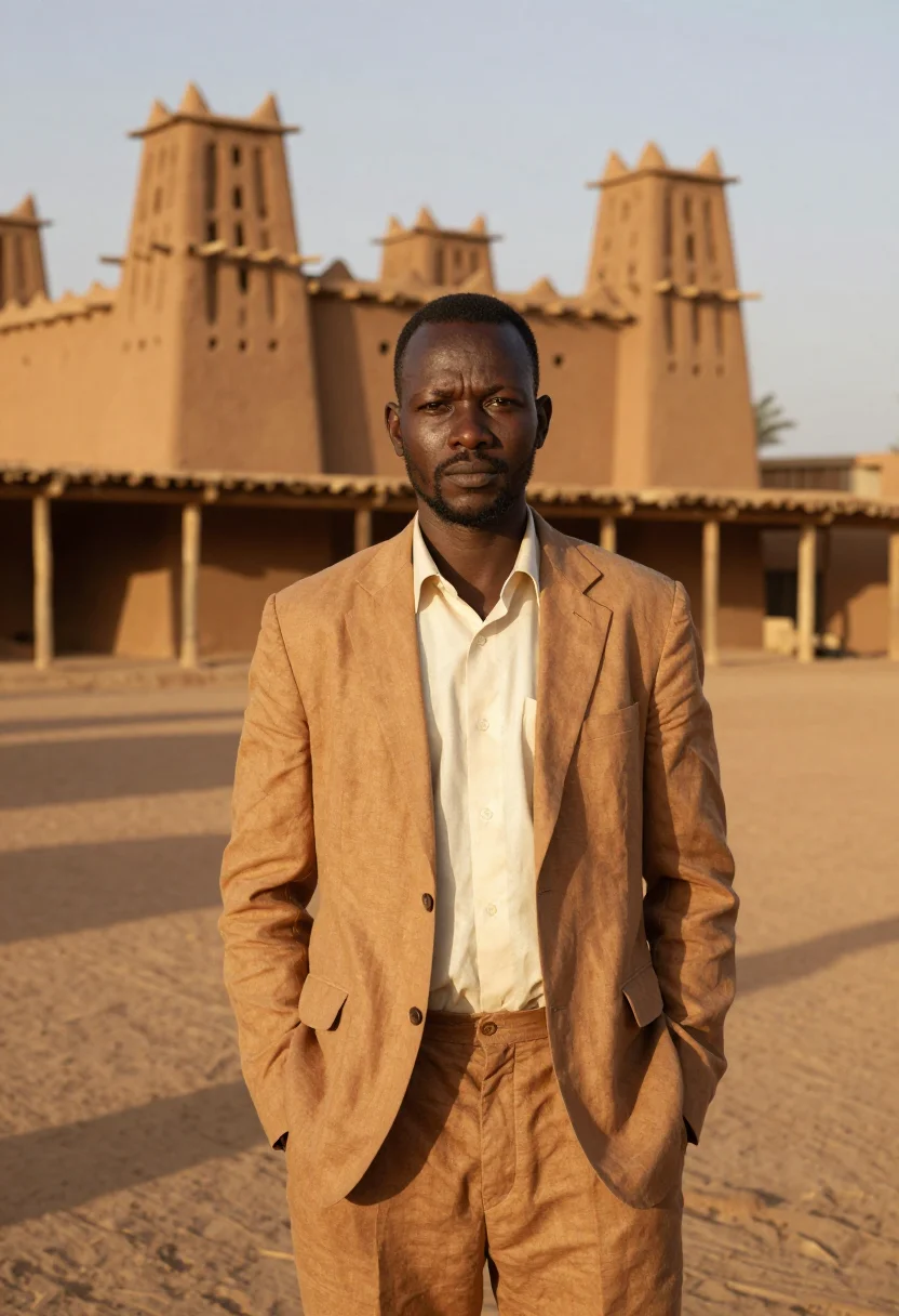 AI djenne architect great mud mosque ochre sample — portrait of a man, a Malian architect in his mid-forties wit