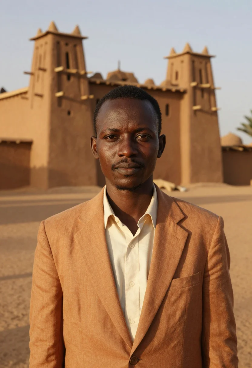 AI djenne architect great mud mosque ochre sample — portrait of a man, a Burkinabe architect in his early thirti