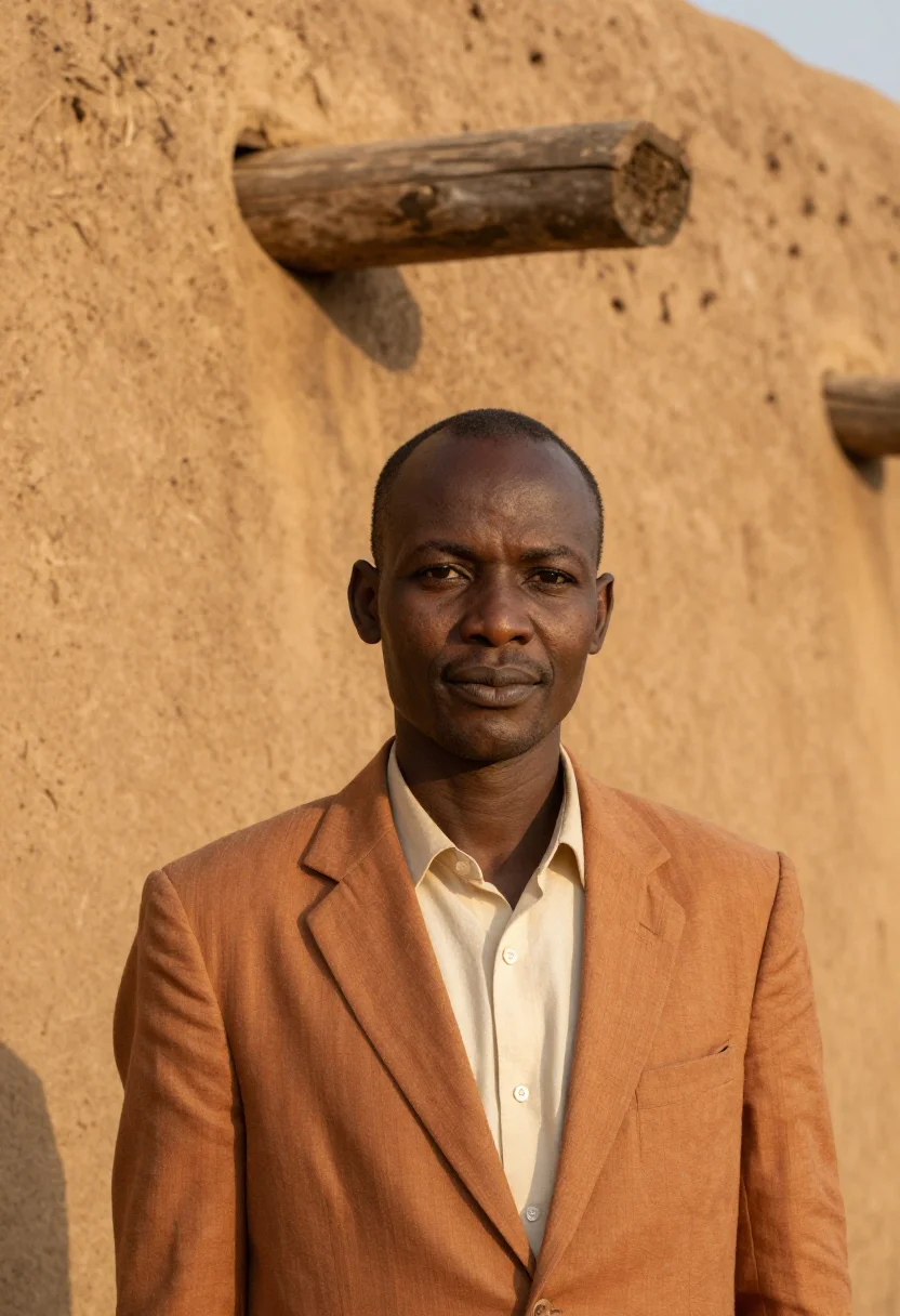 AI djenne architect great mud mosque ochre sample — portrait of a man, a Songhai architect in his late thirties