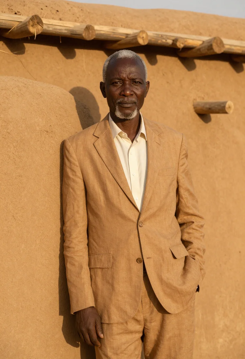 AI djenne architect great mud mosque ochre sample — portrait of a man, a Malian architect in his late fifties wi
