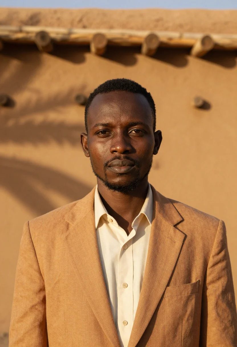 AI djenne architect great mud mosque ochre sample — portrait of a man, a Malian architect in his early forties w
