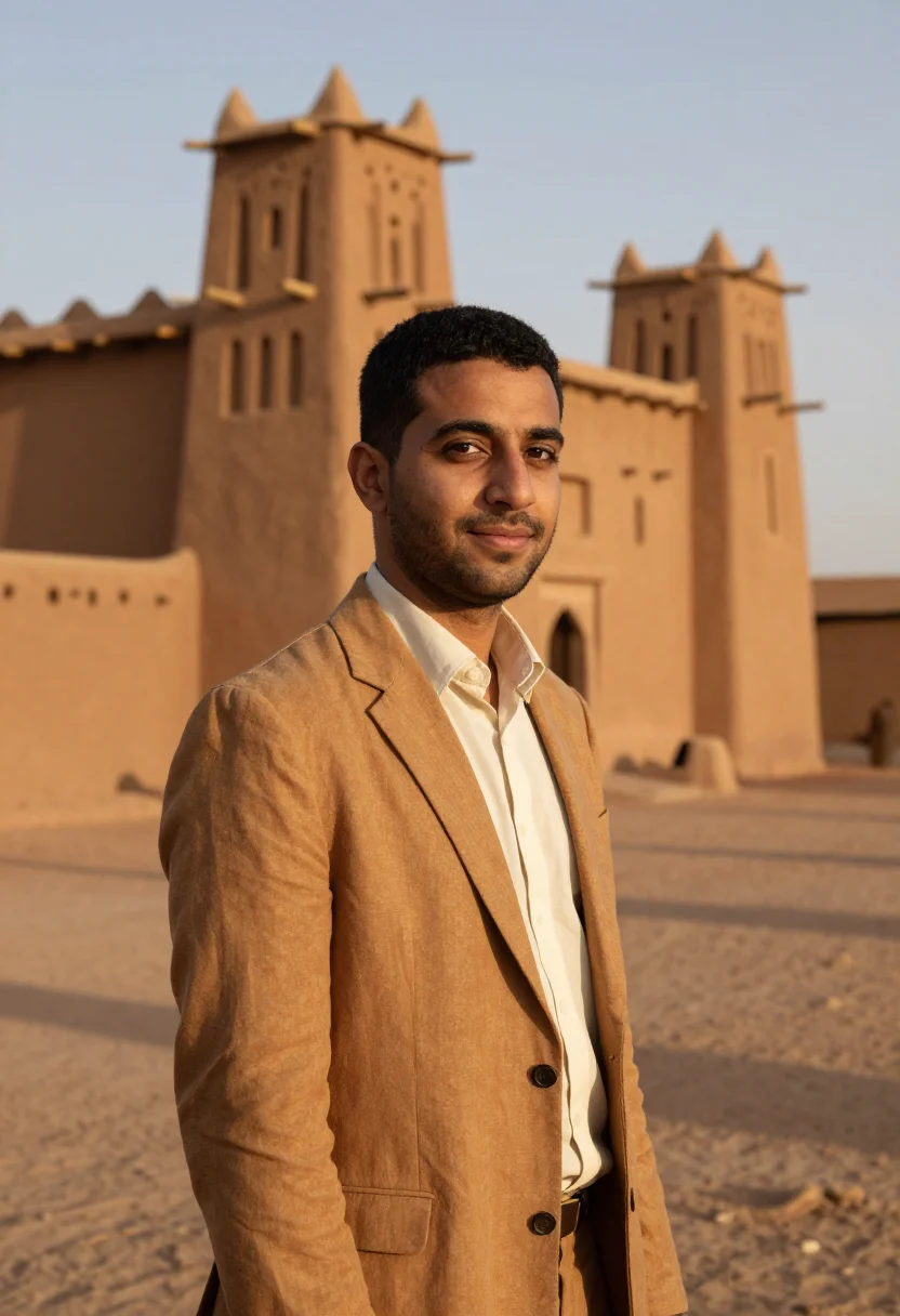 AI djenne architect great mud mosque ochre sample — portrait of a man, a Moroccan architect in his early forties