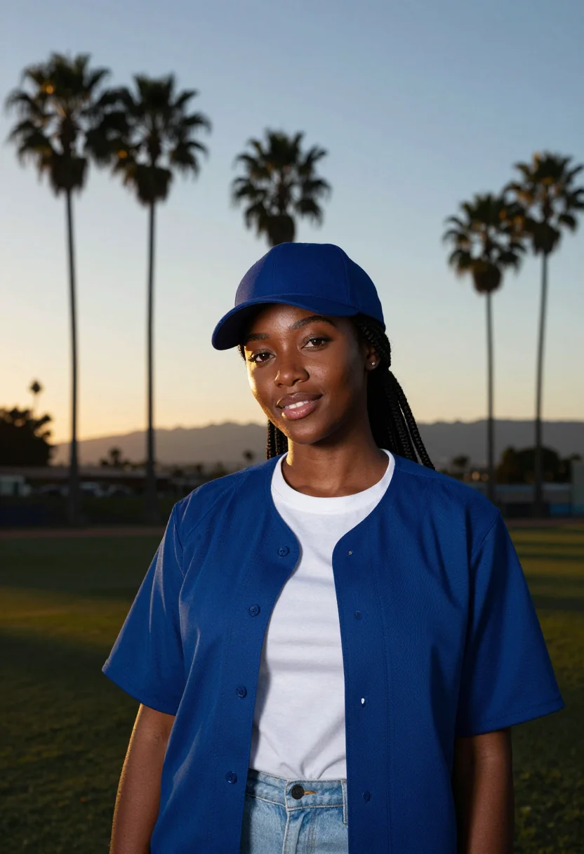 AI dodger stadium chavez ravine blue palm sample — portrait of a woman, an African-American woman in her mid-tw