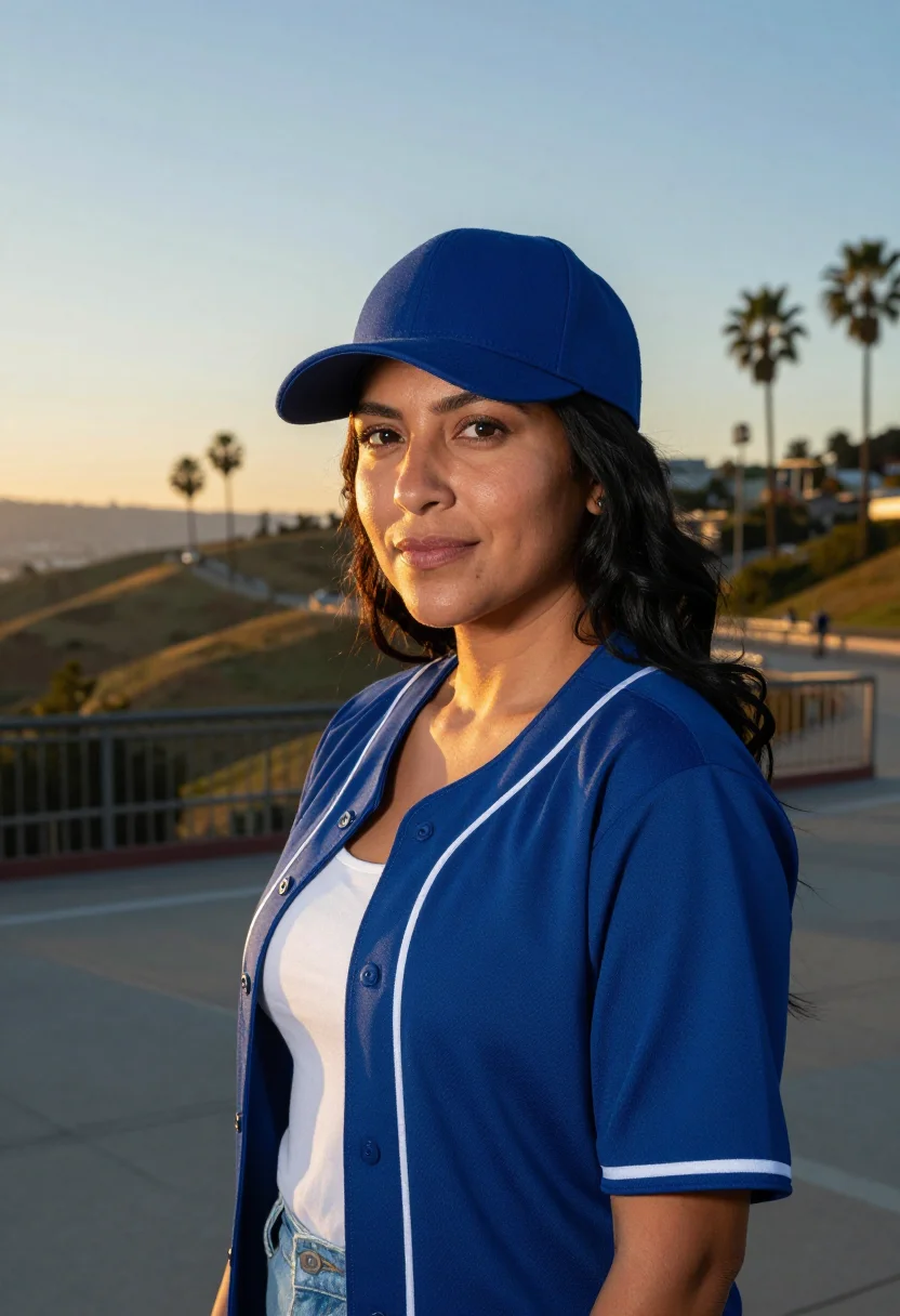 AI dodger stadium chavez ravine blue palm sample — portrait of a woman, a Salvadoran-American woman in her mid-