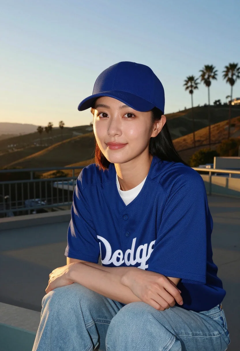 AI dodger stadium chavez ravine blue palm sample — portrait of a woman, a Japanese-American woman in her late t