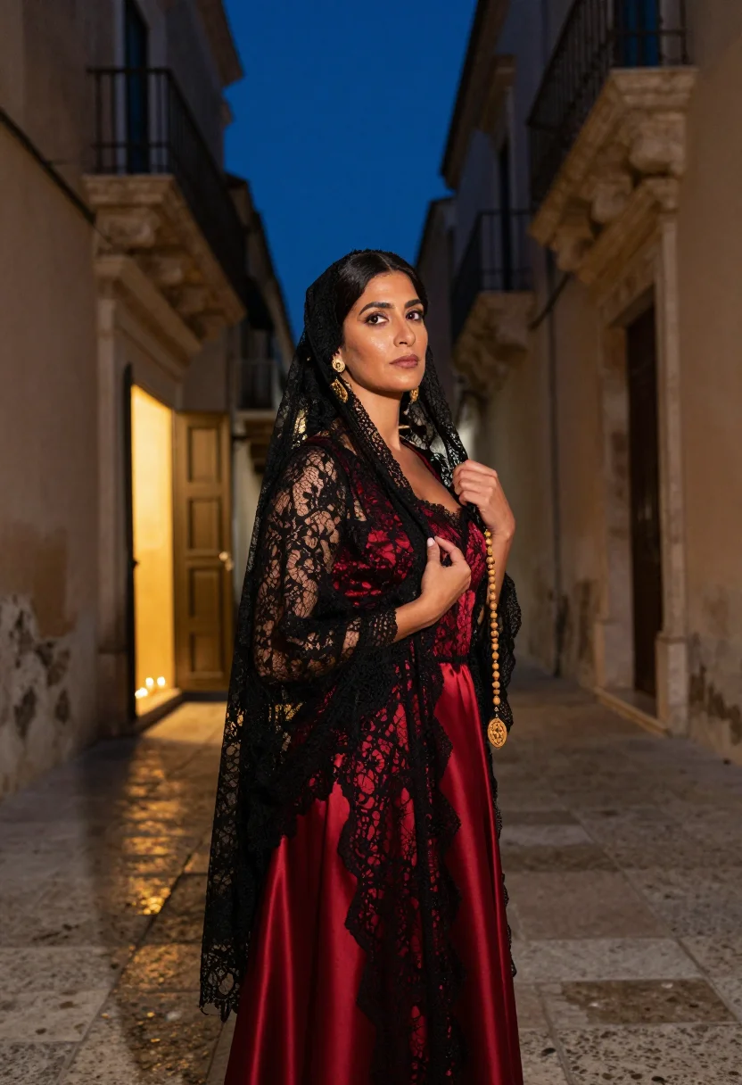 AI dolce gabbana natale sample — portrait of a woman, three-quarter-length portrait of a Sici