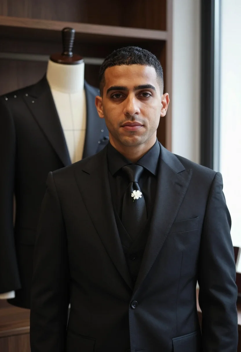 AI dolce gabbana sartoria via della spiga black men sample — portrait of a man, a Moroccan-Italian man in his early thirt