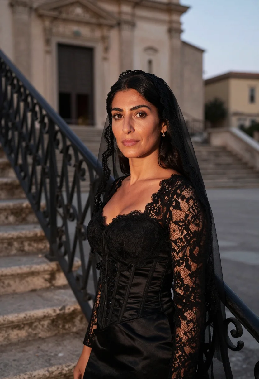 AI dolce gabbana taormina sicilian black lace sample — portrait of a woman, a Sicilian woman in her early forties w