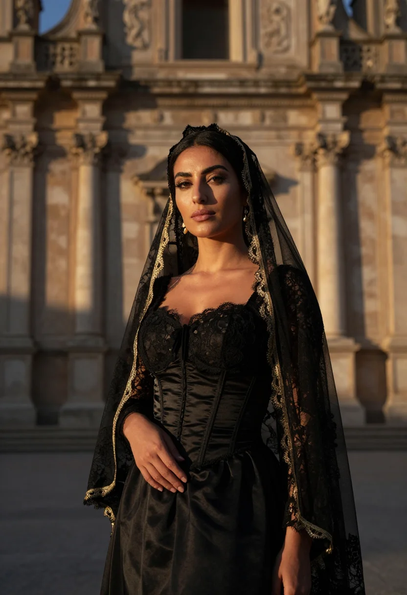 AI dolce gabbana taormina sicilian black lace sample — portrait of a woman, a Greek woman in her mid-thirties with