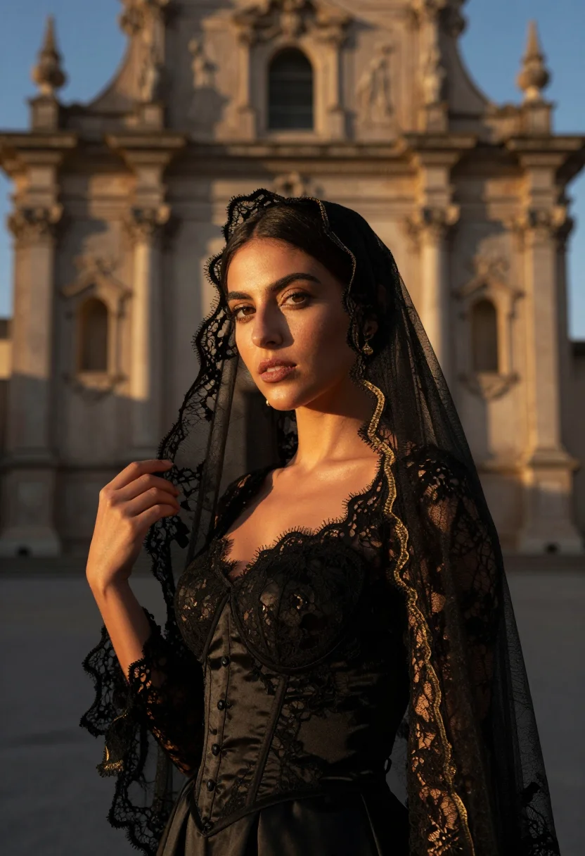 AI dolce gabbana taormina sicilian black lace sample — portrait of a woman, a Neapolitan woman in her early thirtie