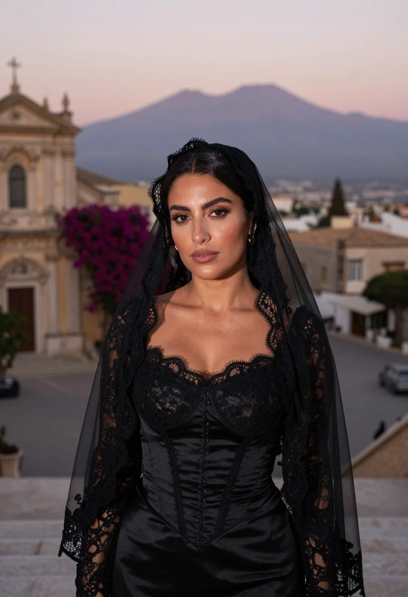 AI dolce gabbana taormina sicilian black lace sample — portrait of a woman, a Tunisian-Italian woman in her early t
