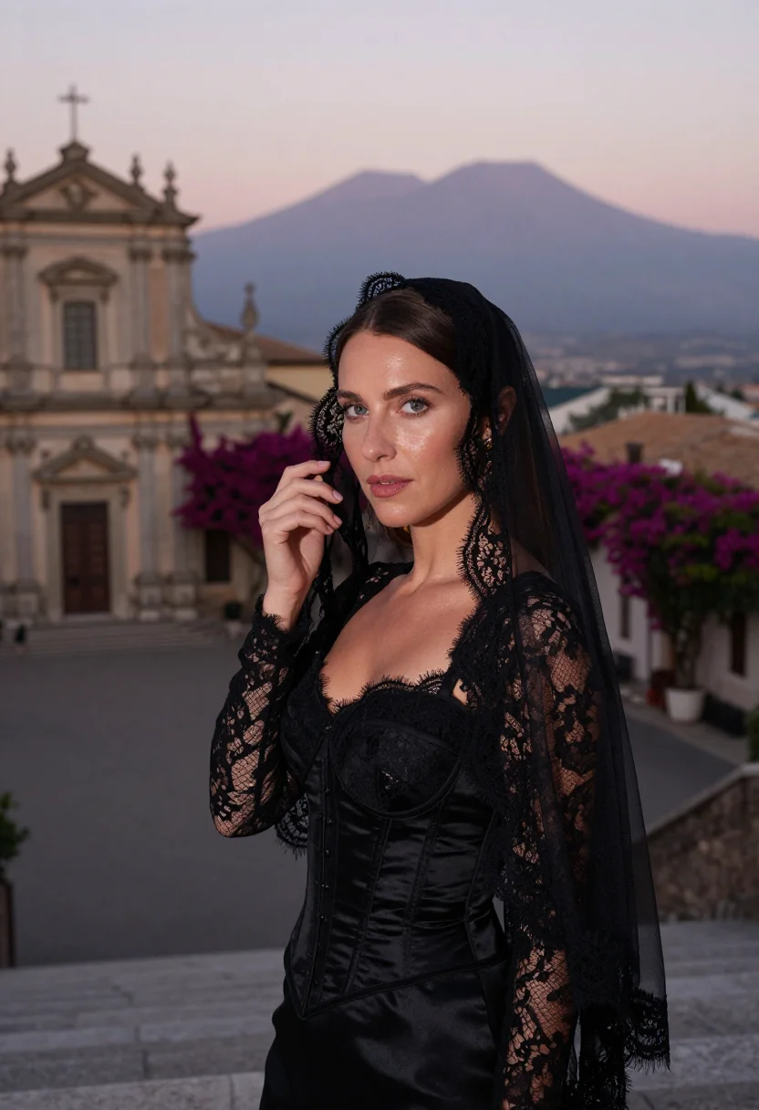 AI dolce gabbana taormina sicilian black lace sample — portrait of a woman, a French woman in her mid-thirties with