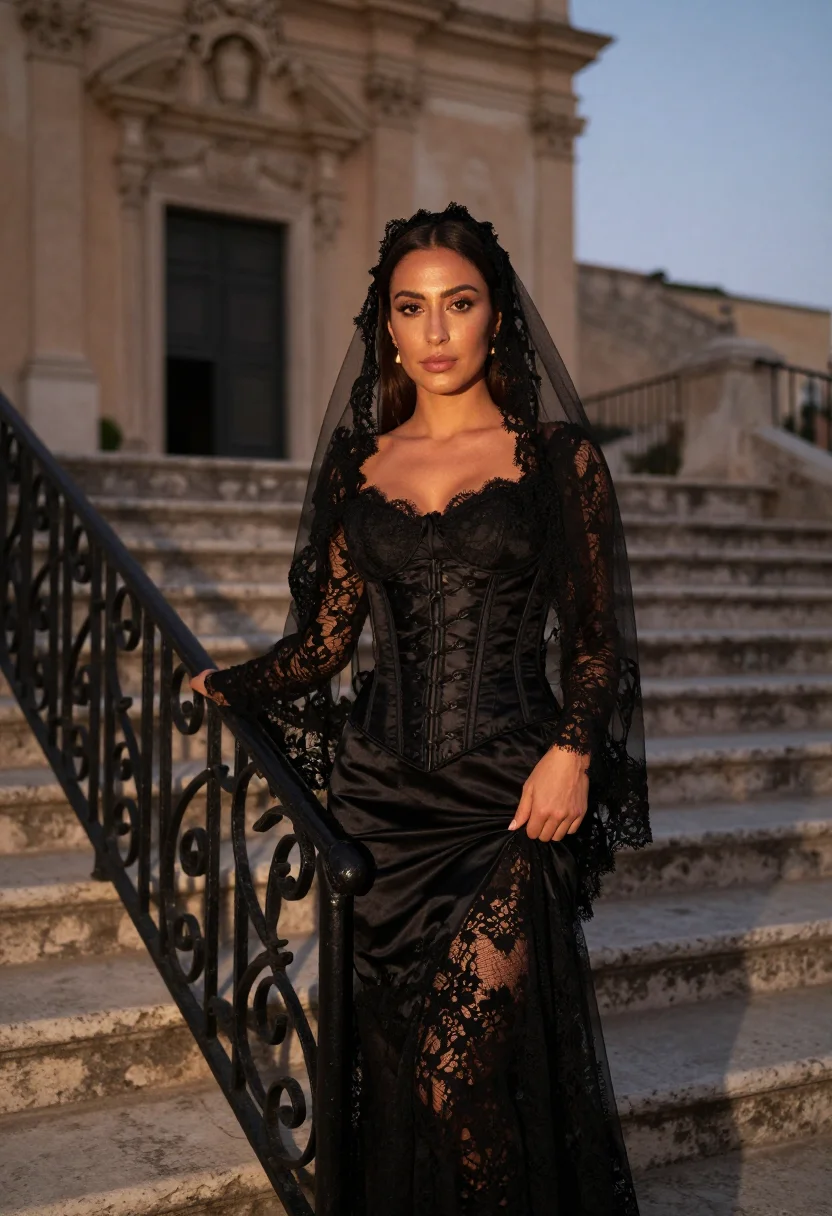 AI dolce gabbana taormina sicilian black lace sample — portrait of a woman, a Maltese woman in her early thirties w