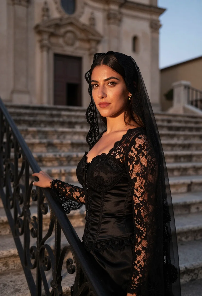 AI dolce gabbana taormina sicilian black lace sample — portrait of a woman, a Spanish woman in her late twenties wi