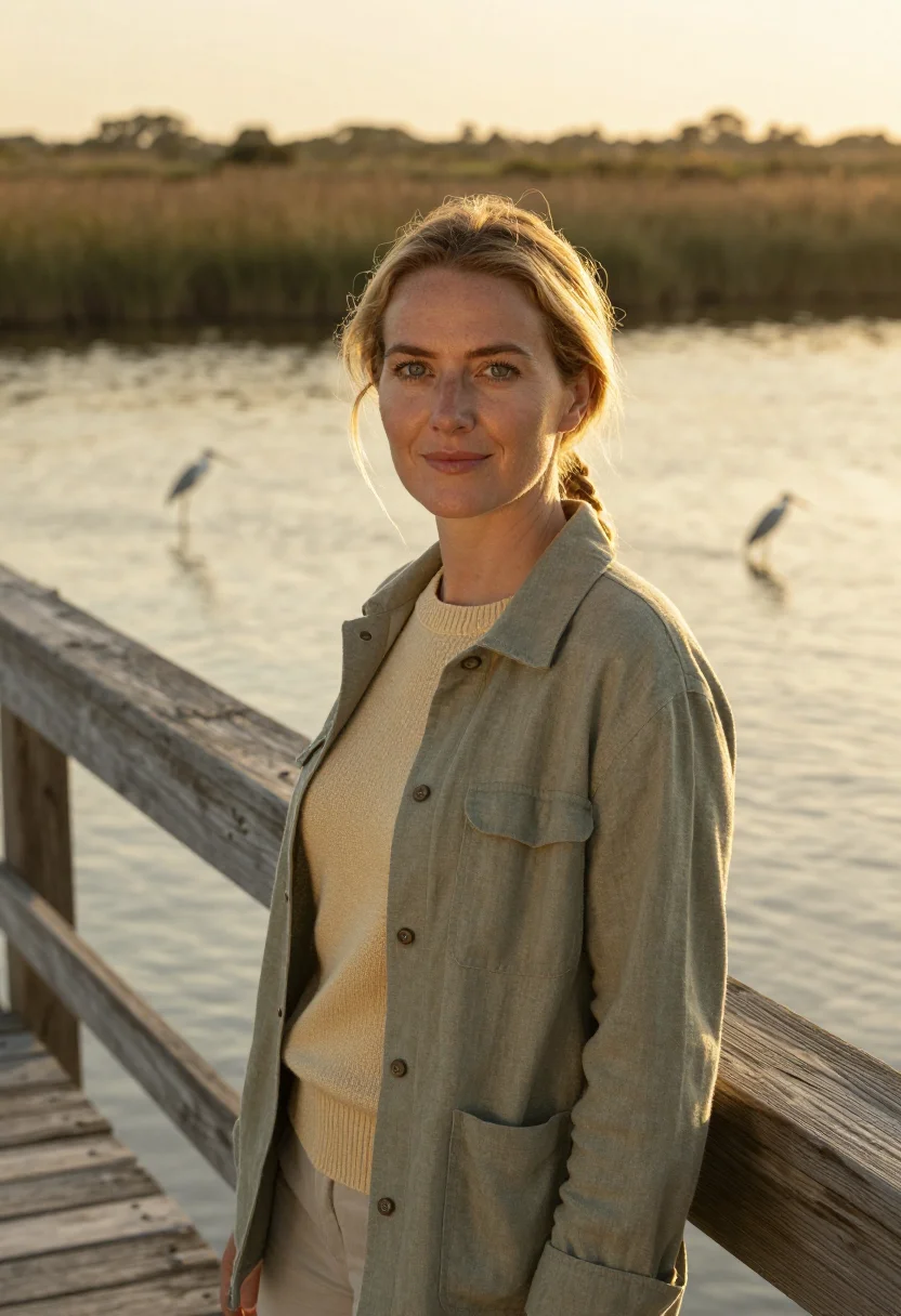 AI donana biologist marsh green gold sample — portrait of a woman, a biologist of Northern-European descen