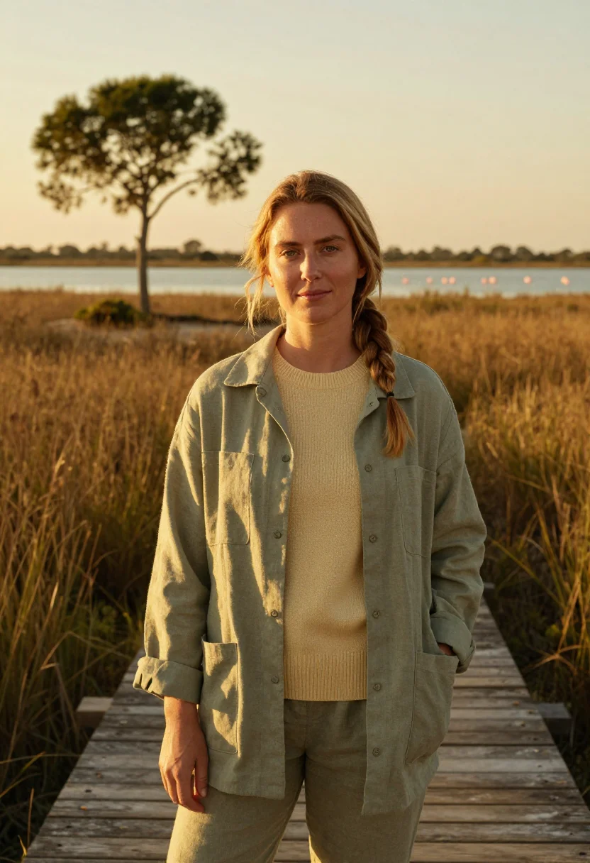 AI donana biologist marsh green gold sample — portrait of a woman, a biologist of Northern-European descen