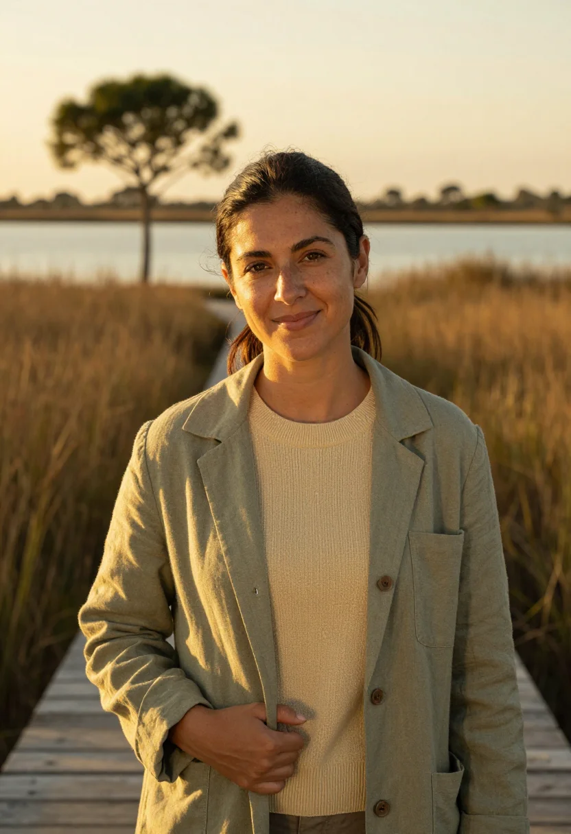 AI donana biologist marsh green gold sample — portrait of a woman, a biologist of Spanish descent in her m