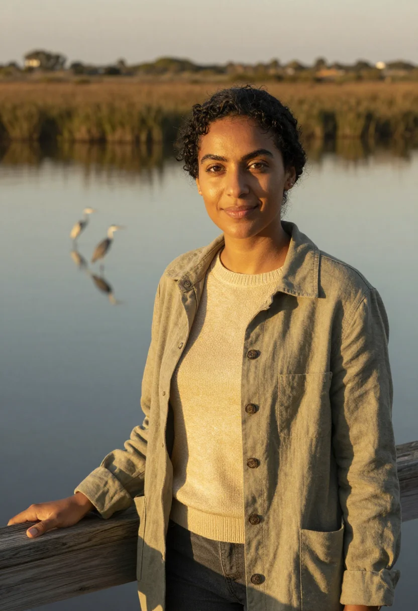 AI donana biologist marsh green gold sample — portrait of a woman, a biologist of North-African descent in