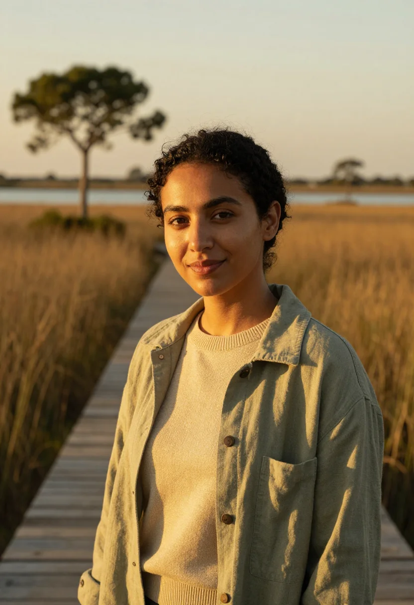 AI donana biologist marsh green gold sample — portrait of a woman, a biologist of North-African descent in