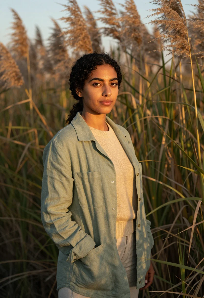 AI donana biologist marsh green gold sample — portrait of a woman, a biologist of North-African descent in