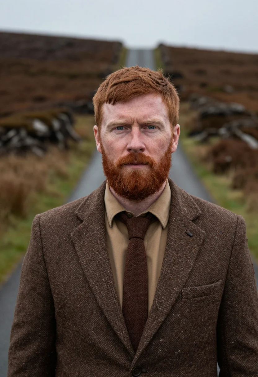AI donegal tweed brown sample — portrait of a man, framed tight, head and shoulders, the bod