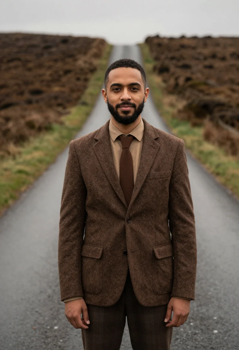 AI donegal tweed brown sample — portrait of a man, framed chest-up from the ribs with the bo