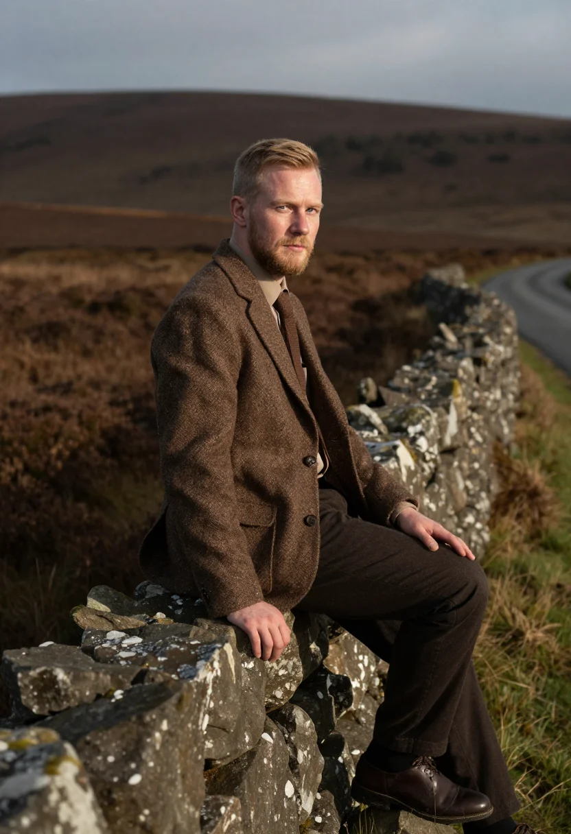 AI donegal tweed brown sample — portrait of a man, framed three-quarter length from the knee