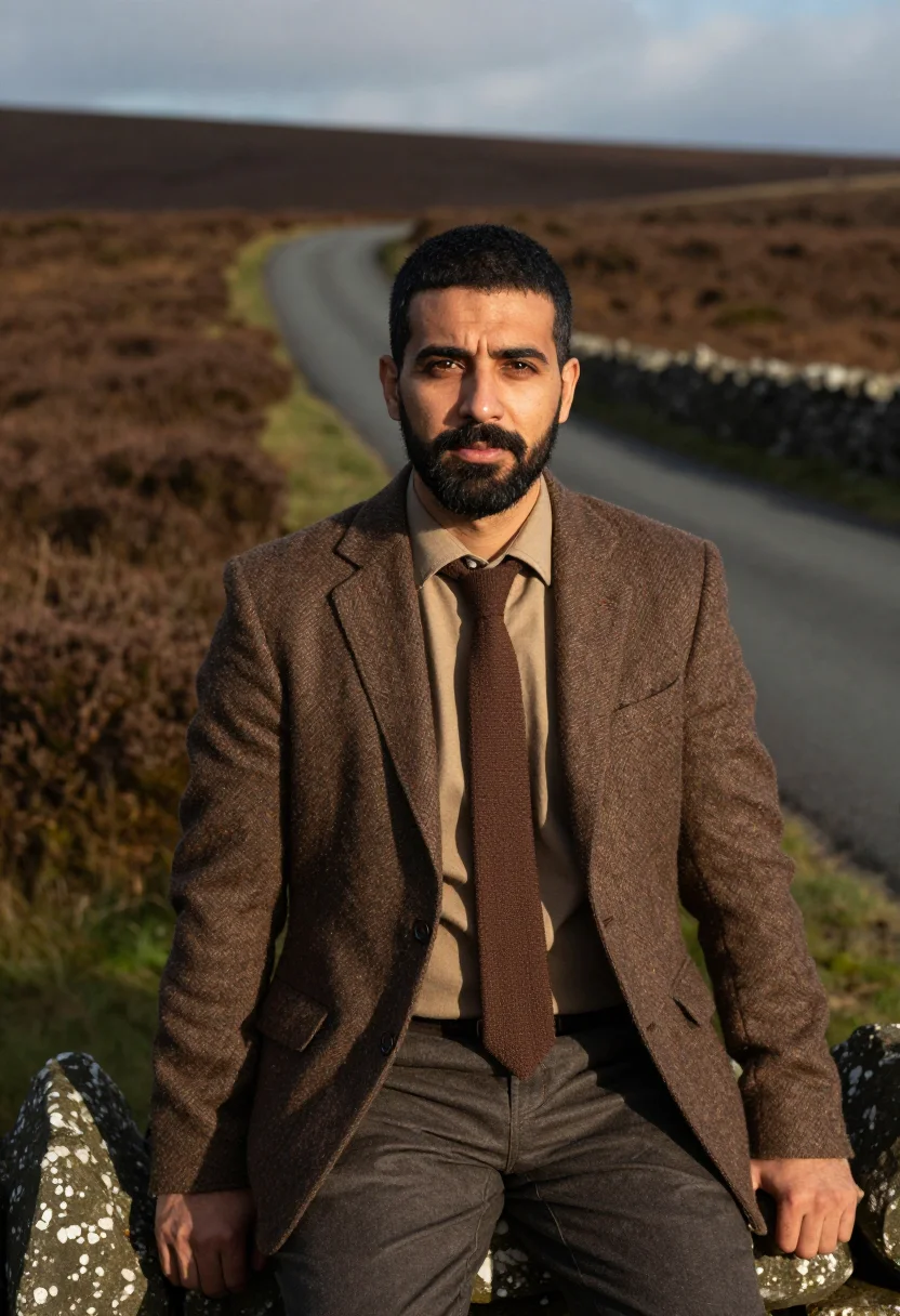 AI donegal tweed brown sample — portrait of a man, framed chest-up from the ribs with the bo
