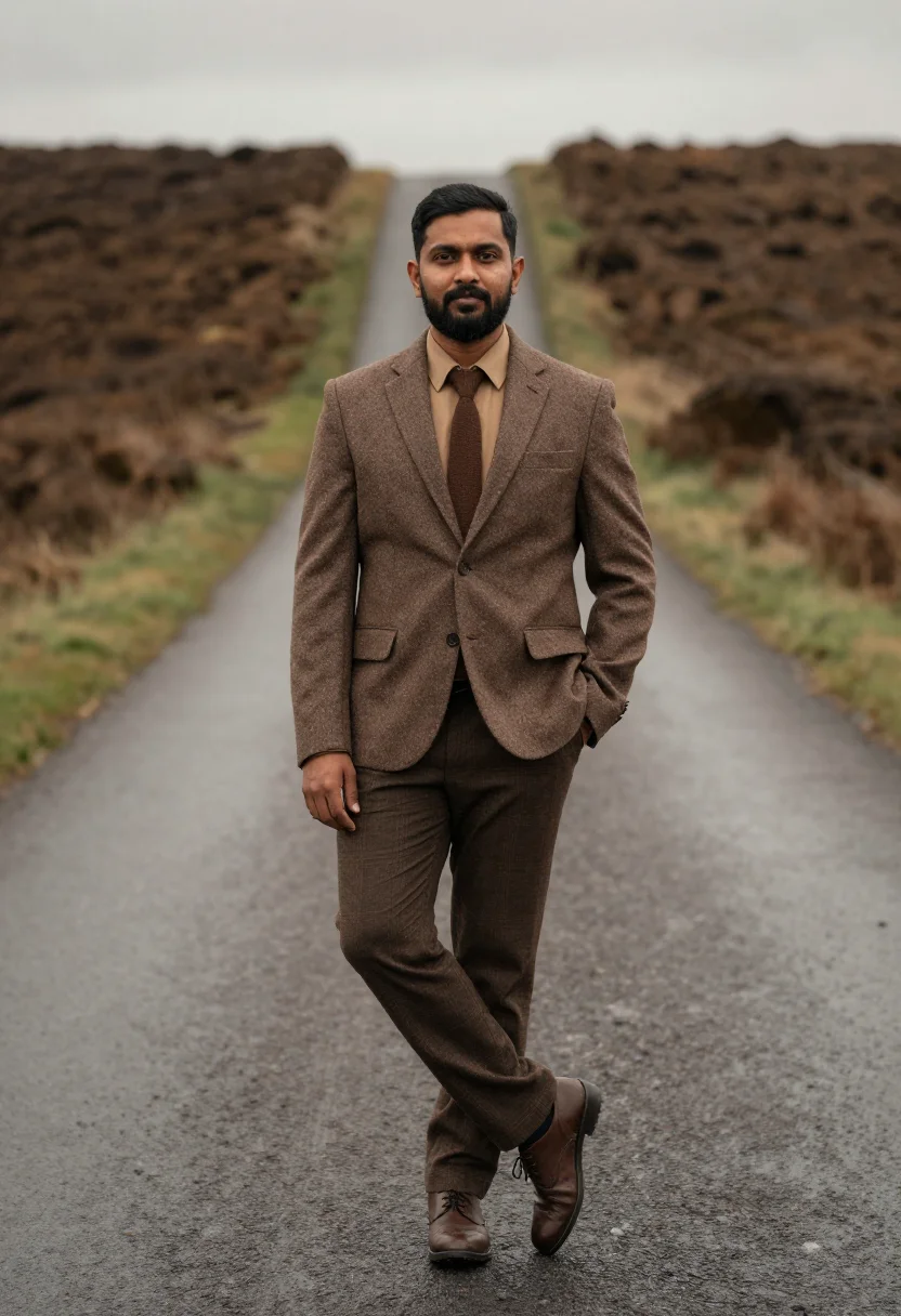 AI donegal tweed brown sample — portrait of a man, framed full-length from the shoes to just