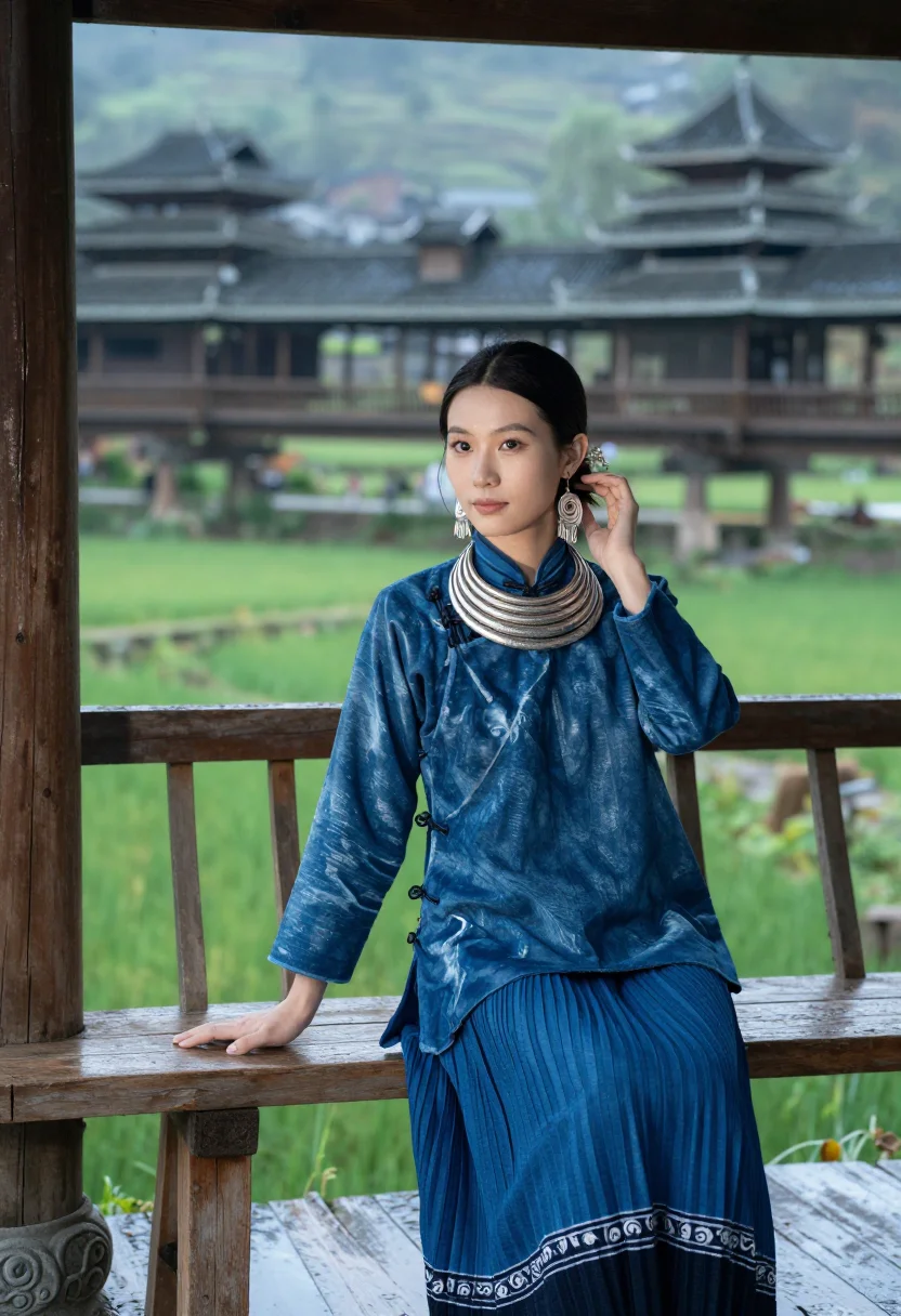 AI dong indigo sample — portrait of a woman, half-length portrait of a Dong woman in