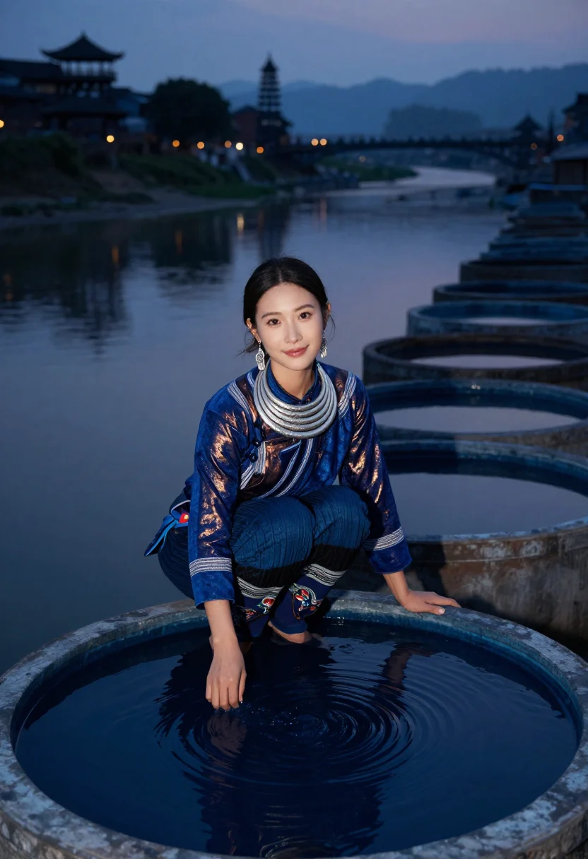 AI dong indigo sample — portrait of a woman, crouched three-quarter portrait of a Do