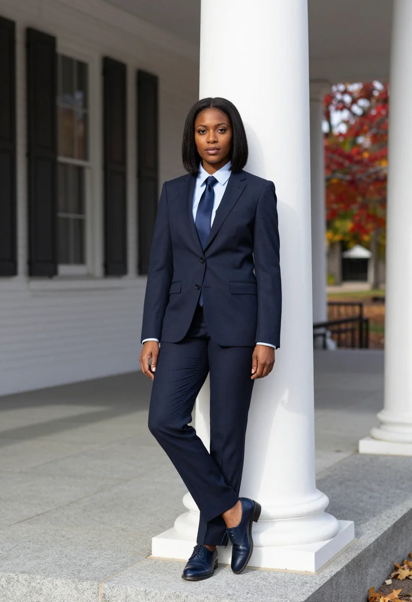 AI donna tartt bennington tailored navy sample — portrait of a woman, an African-American woman in her late t