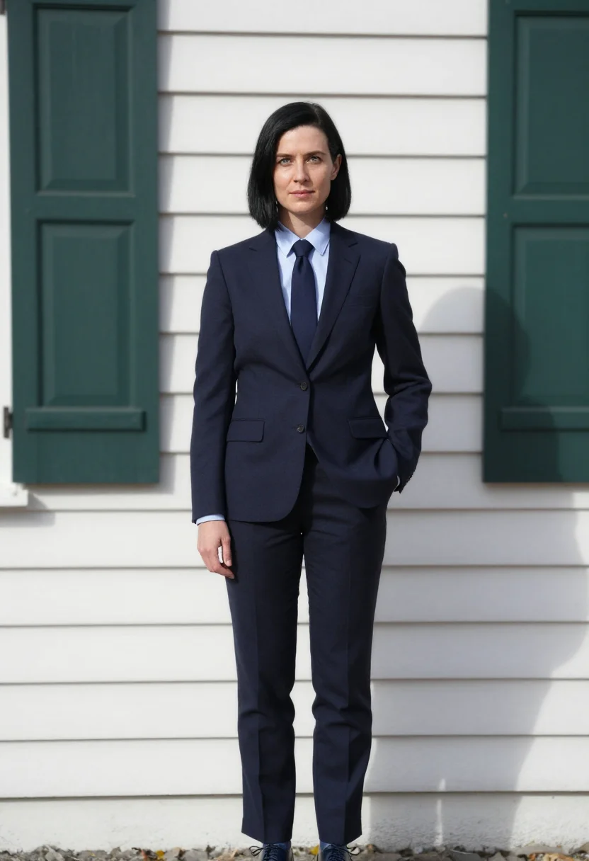 AI donna tartt bennington tailored navy sample — portrait of a woman, an English woman in her late thirties w