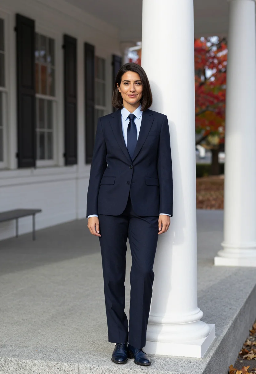 AI donna tartt bennington tailored navy sample — portrait of a woman, an Italian-American woman in her early