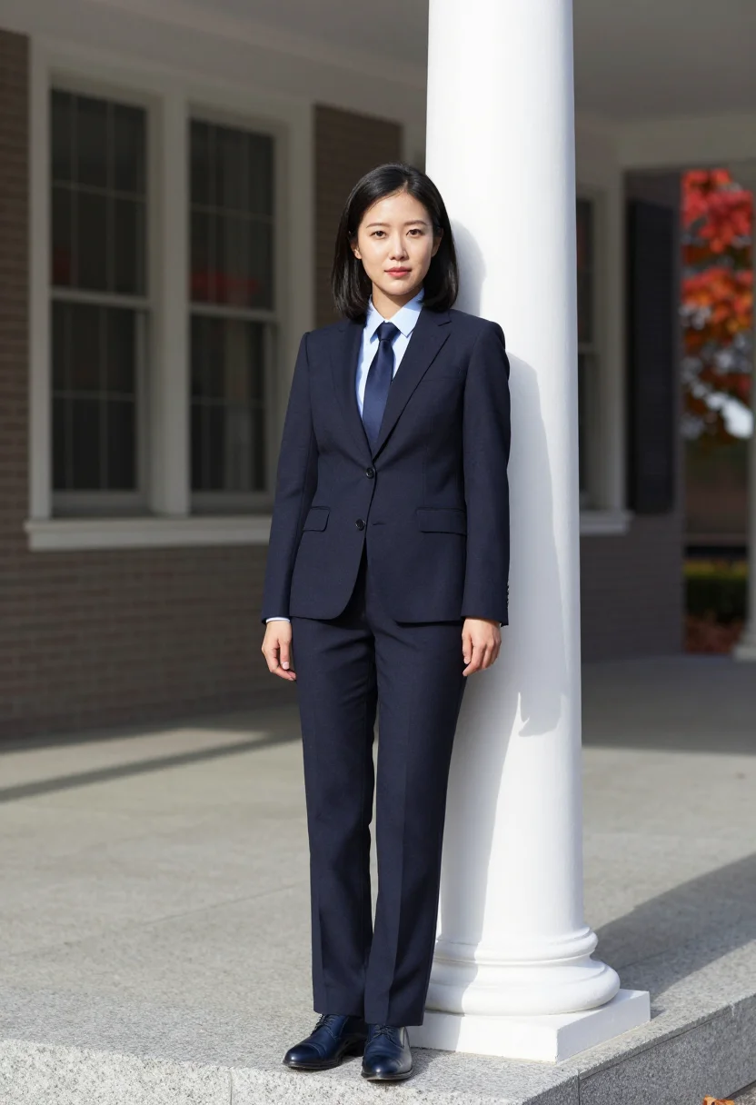 AI donna tartt bennington tailored navy sample — portrait of a woman, a Korean-American woman in her early th