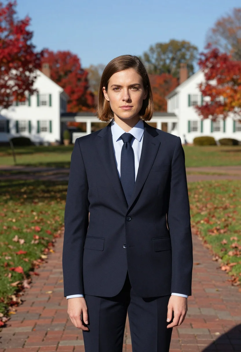 AI donna tartt bennington tailored navy sample — portrait of a woman, a French woman in her mid-thirties with