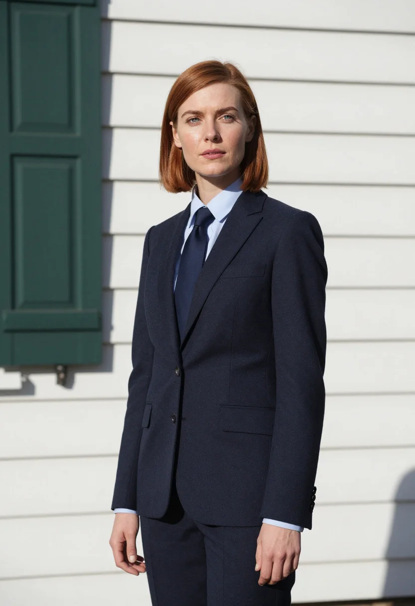 AI donna tartt bennington tailored navy sample — portrait of a woman, an Irish-American woman in her mid-thir