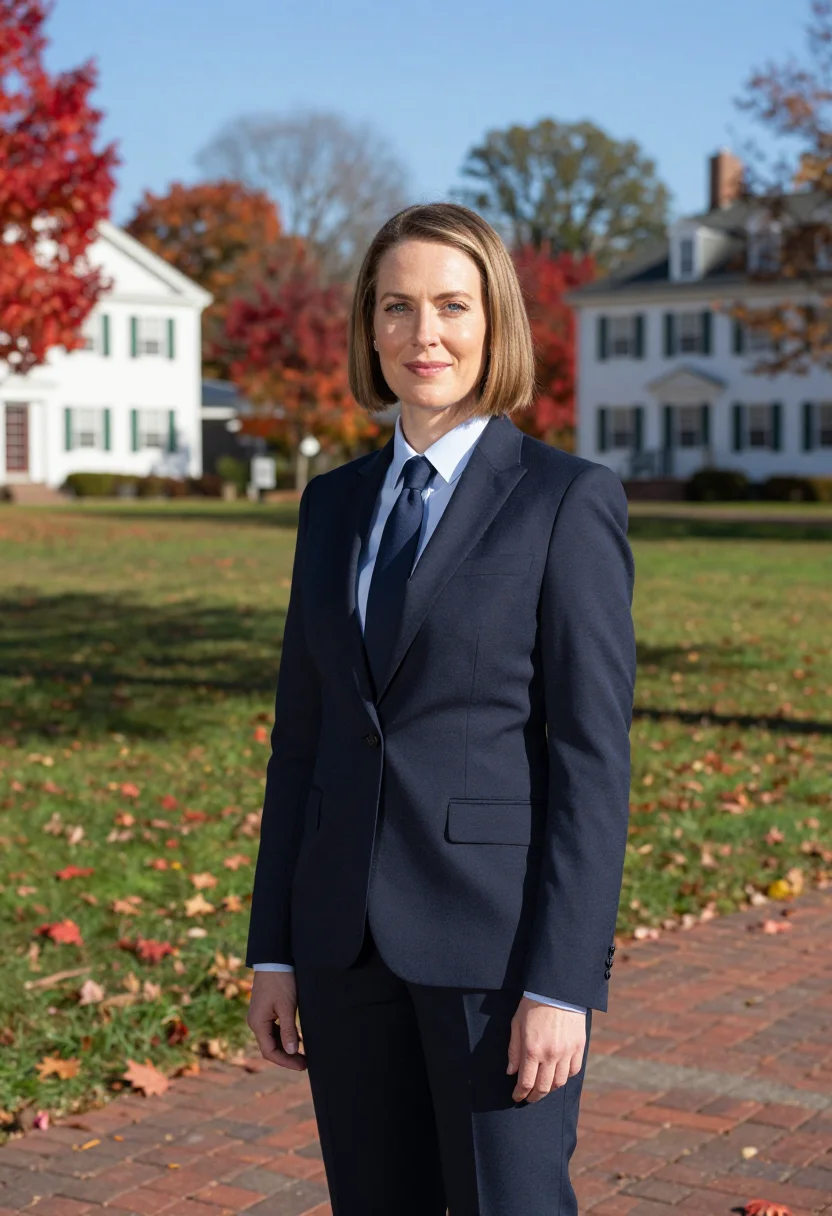 AI donna tartt bennington tailored navy sample — portrait of a woman, a Scottish-American woman in her mid-fo