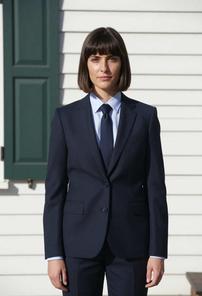 AI donna tartt bennington tailored navy sample — portrait of a woman, an American woman in her early forties