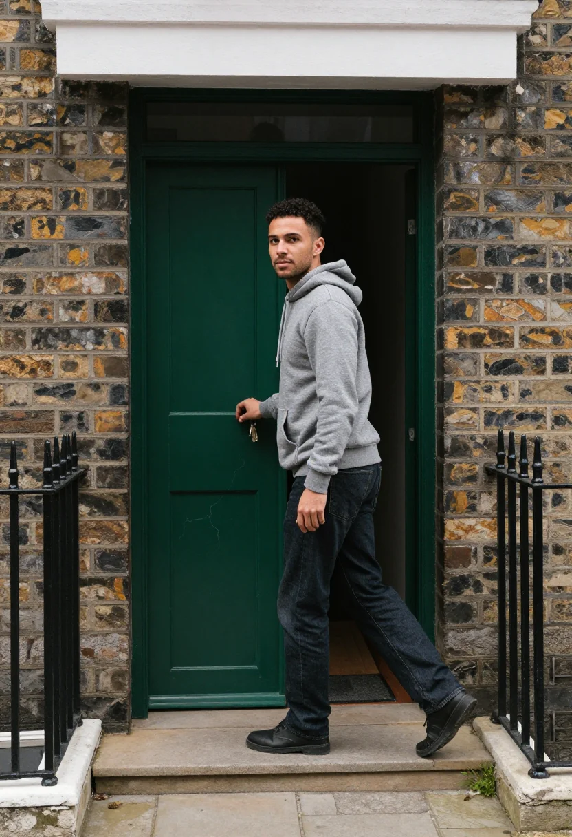 AI doorway morning sample — portrait of a man, wide full-length portrait of a Western-Eu