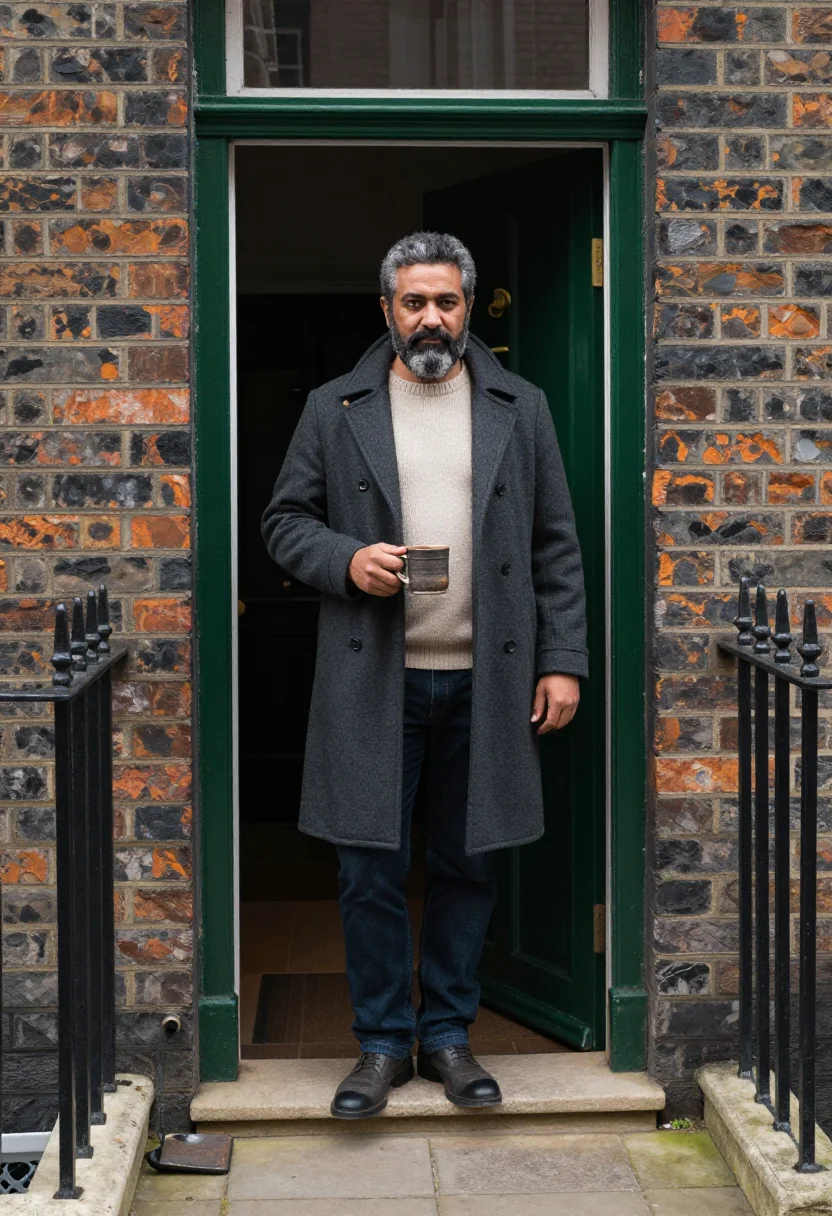 AI doorway morning sample — portrait of a man, wide full-length portrait of a Mediterran
