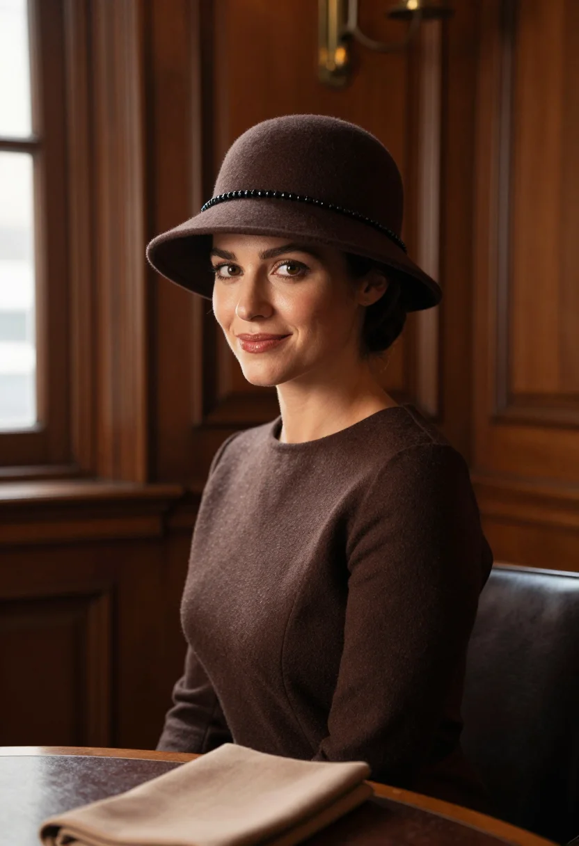 AI dorothy parker algonquin oak brown sample — portrait of a woman, framed tight, head and shoulders, the b