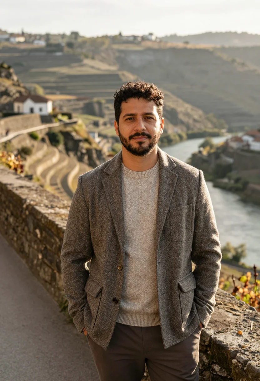 AI douro wine director schist terraces sample — portrait of a man, of Brazilian descent, in his mid-forties,
