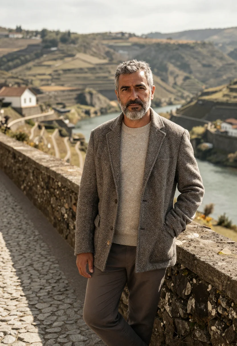 AI douro wine director schist terraces sample — portrait of a man, of Portuguese descent, in his early fifti