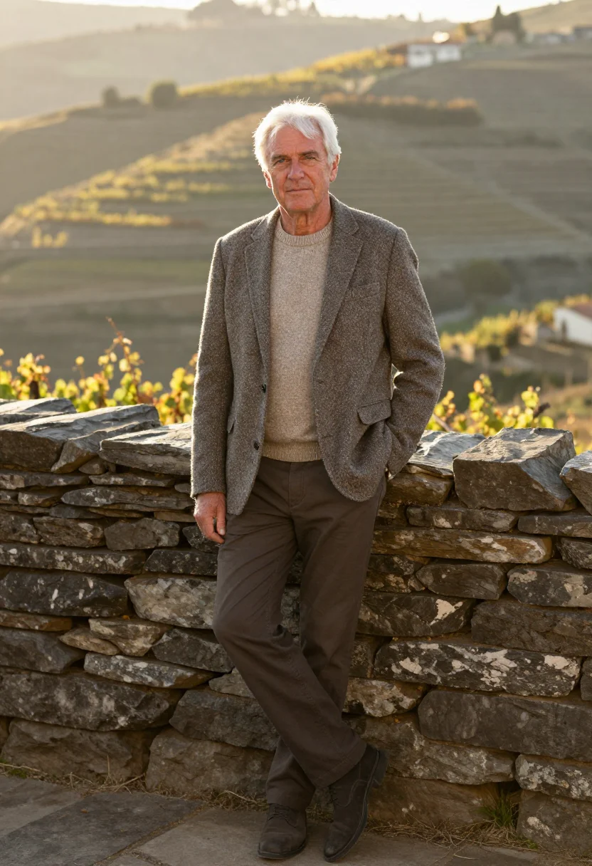 AI douro wine director schist terraces sample — portrait of a man, of English descent, in his early sixties,