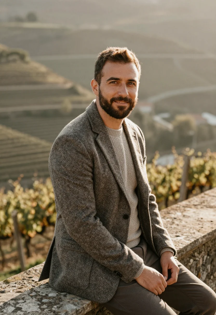 AI douro wine director schist terraces sample — portrait of a man, of Galician Spanish descent, in his early