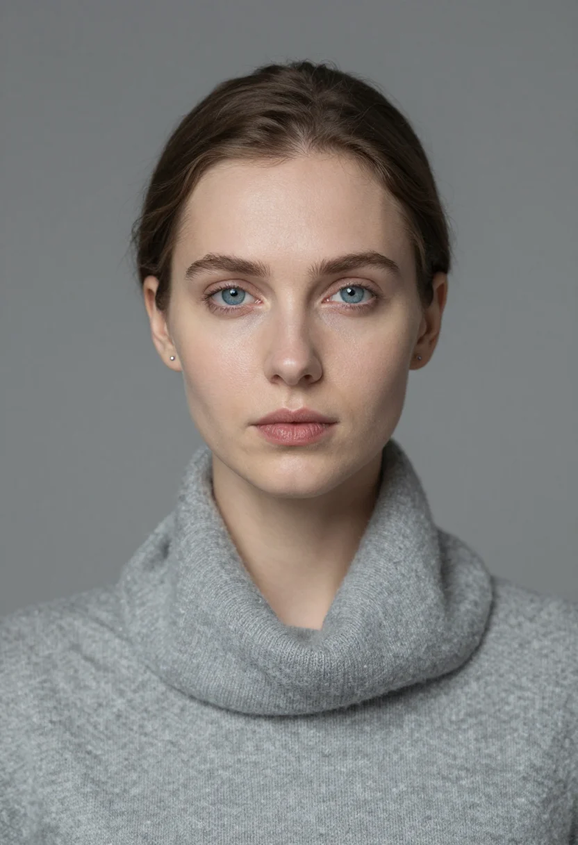 AI dove grey cashmere headshot sample — portrait of a woman, tight headshot of a Western-European wo