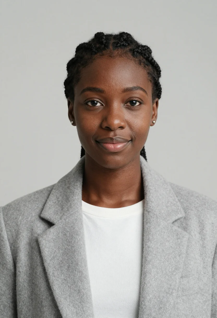 AI dove grey cashmere headshot sample — portrait of a woman, close headshot of a Black woman of West
