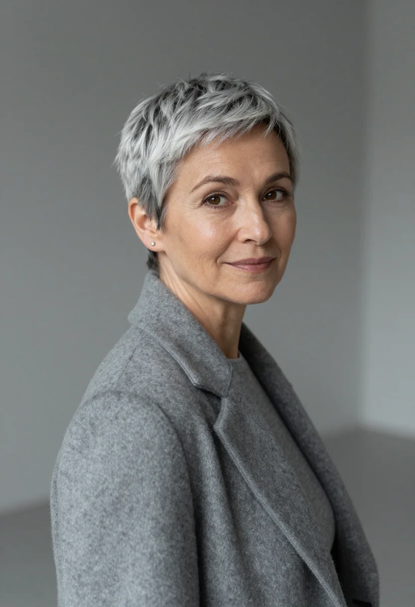 AI dove grey cashmere headshot sample — portrait of a woman, close headshot of a Western-European wo